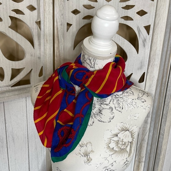 Blue White Polka Dot Scarf shawl lightweight Polyester Striped Nautical - Picture 3 of 3